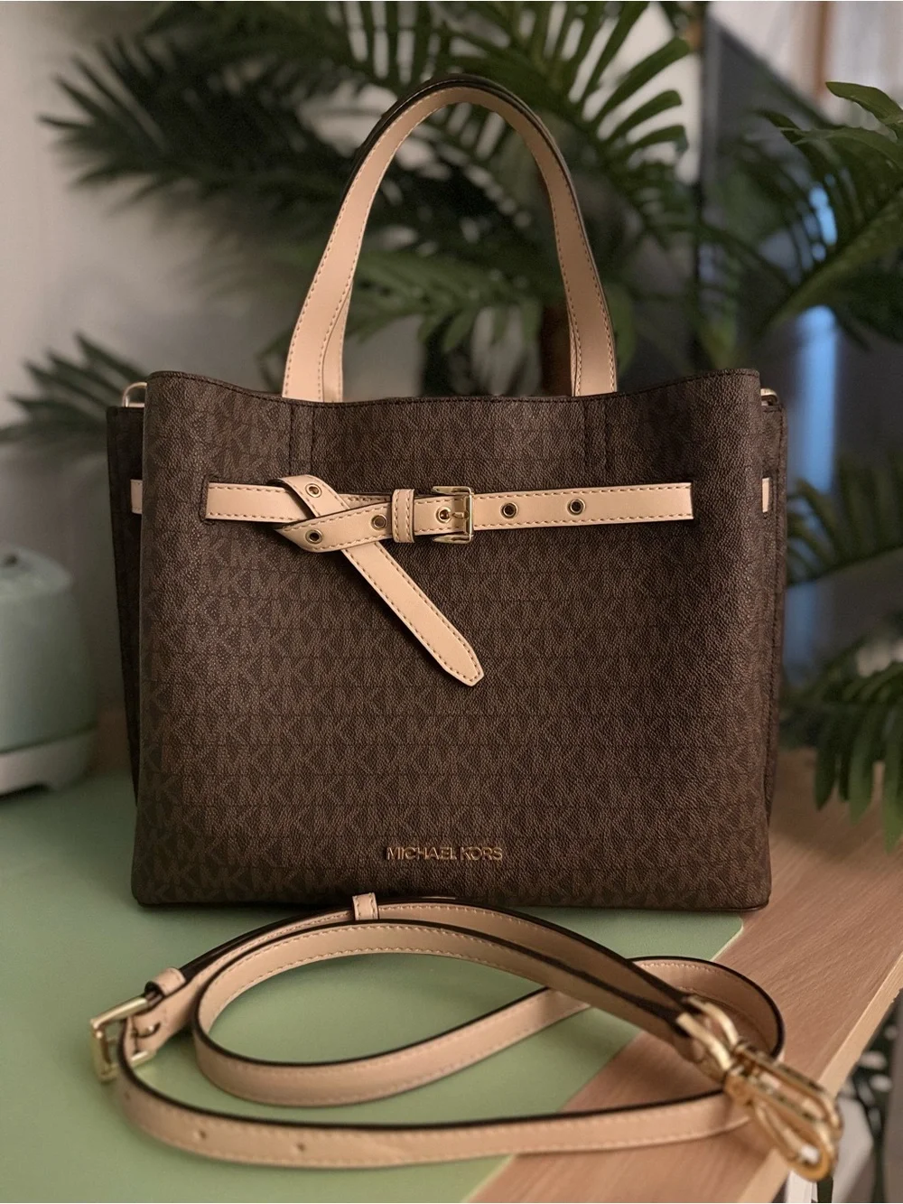 Michael Kors Brown Logo Satchel with Beige Trim